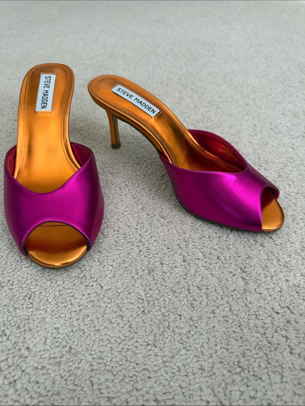 Steve Madden Metallic Fuchsia and Gold Peep-Toe Mules
